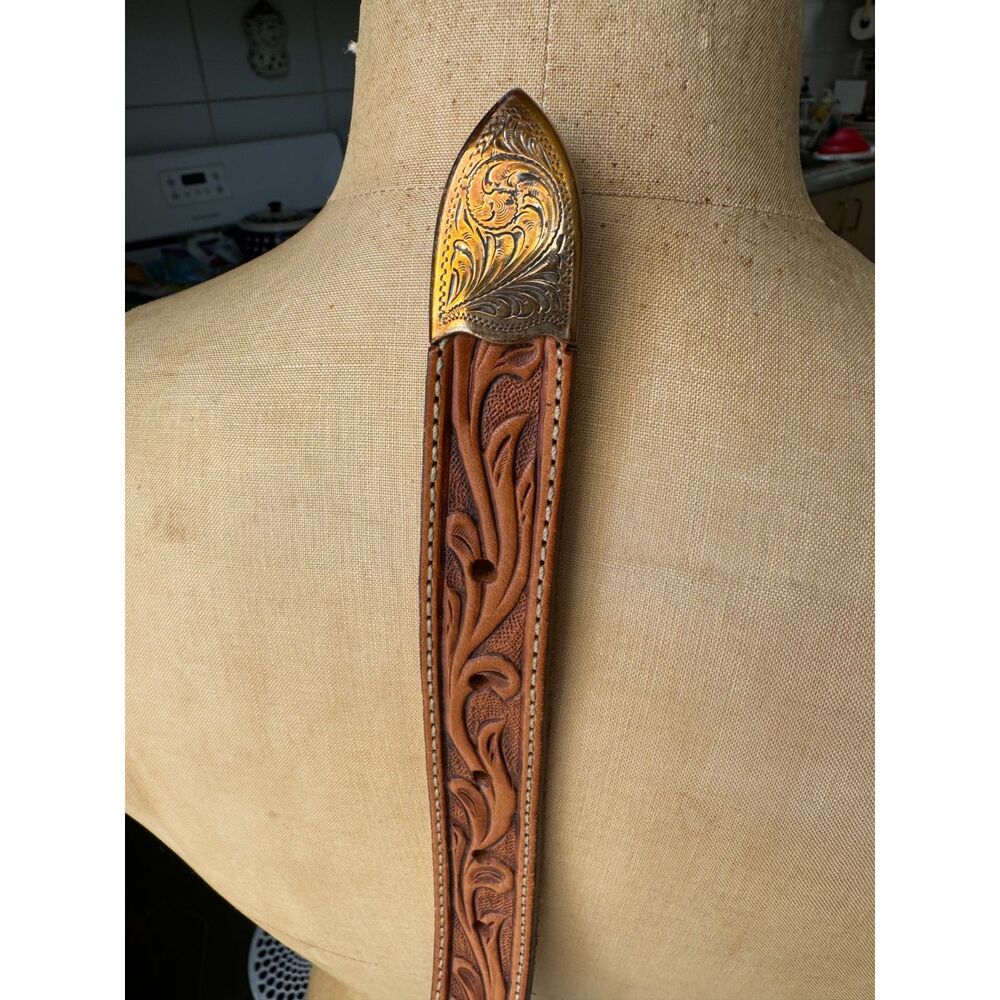 VTG Tony Lama 100% Leather Tooled Saddle Brown Western Belt SZ 38 Made in USA - Picture 8 of 9